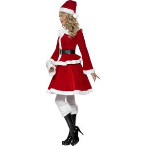 Costume Miss Santa, Rosso, con giacca, gonna, cappello, cintura e manicotto