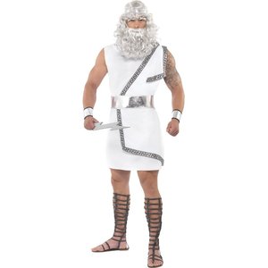 Costume da Zeus, bianco, toga, cinta, copricapo, polsini e saetta luminosa