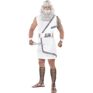 Costume Zeus blanc, toge, ceinture, bandeau, brassards et éclairs