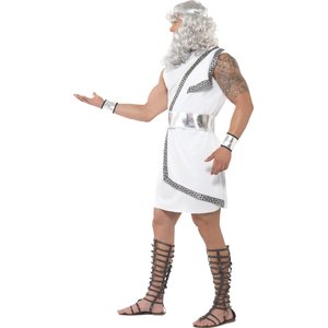 Costume da Zeus, bianco, toga, cinta, copricapo, polsini e saetta luminosa