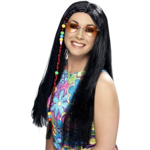 Perruque soirée hippie, noire, cheveux longs avec perles colorées