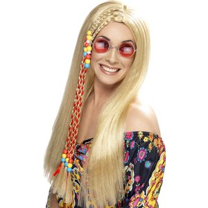 Perruque soirée hippie, blonde, cheveux longs avec perles colorées
