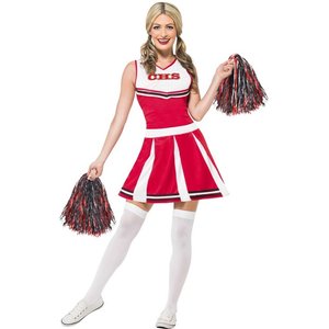 Costume Cheerleader, rosso, con abito e pon-pon