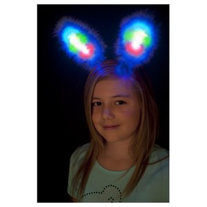 Oreilles de lapin, lumineuses, bleues, marabou, avec LED multi couleurs