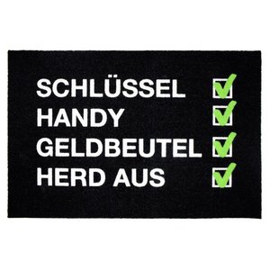 Checkliste Fussmatte Schlüssel, Handy, Geldbeutel, Herd aus