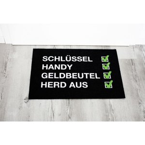 Checkliste Fussmatte Schlüssel, Handy, Geldbeutel, Herd aus